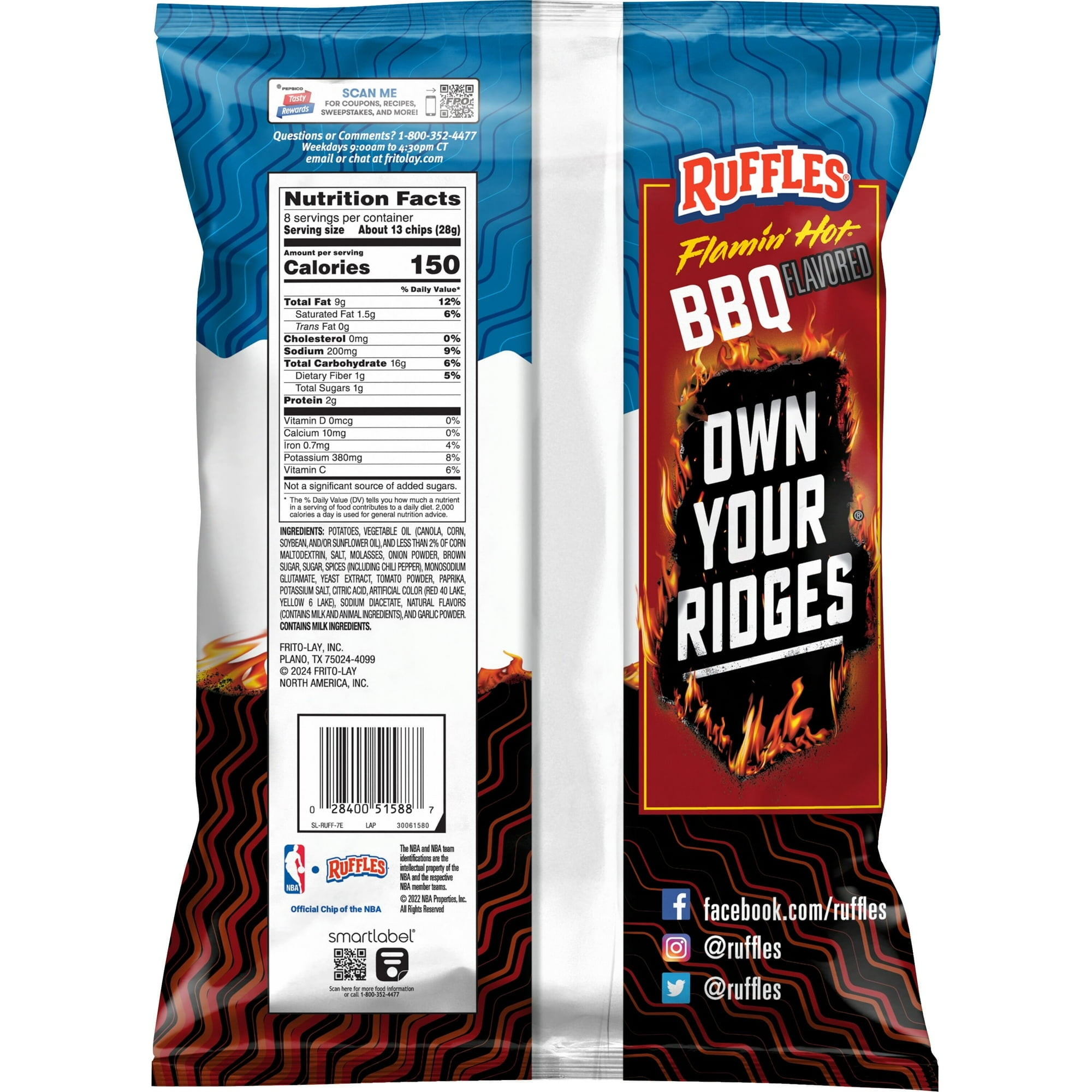 Ruffles Flamin' Hot BBQ Flavored Potato Snack Chips, 8 Ounce Bag