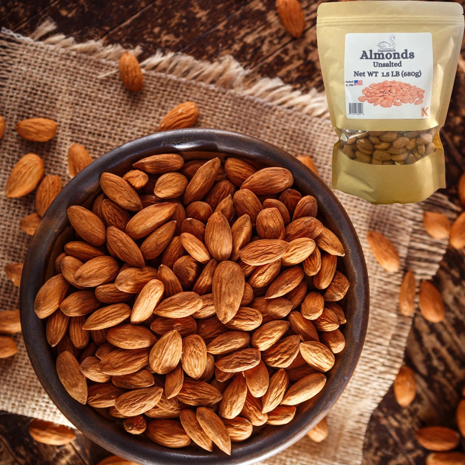 Eleganceinlife Raw Whole Almonds Unsalted 1.5 LB