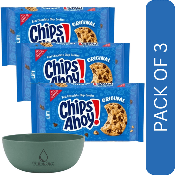 3 Pack Of CHIPS AHOY! Original Chocolate Chip Cookies, Crunchy Snack Cookies, 13 oz Pack – Classic Family Favorite, With Olive Green Bowl By Value Nest
