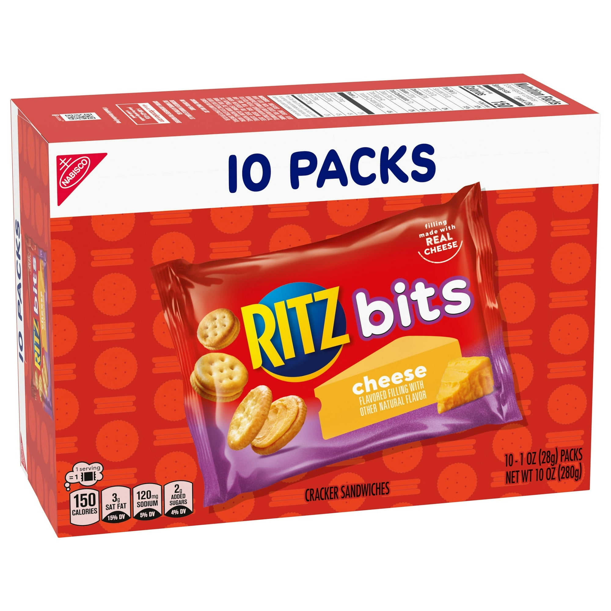 RITZ Bits Cheese Sandwich Crackers, Lunch Snacks, 10 Snack Packs