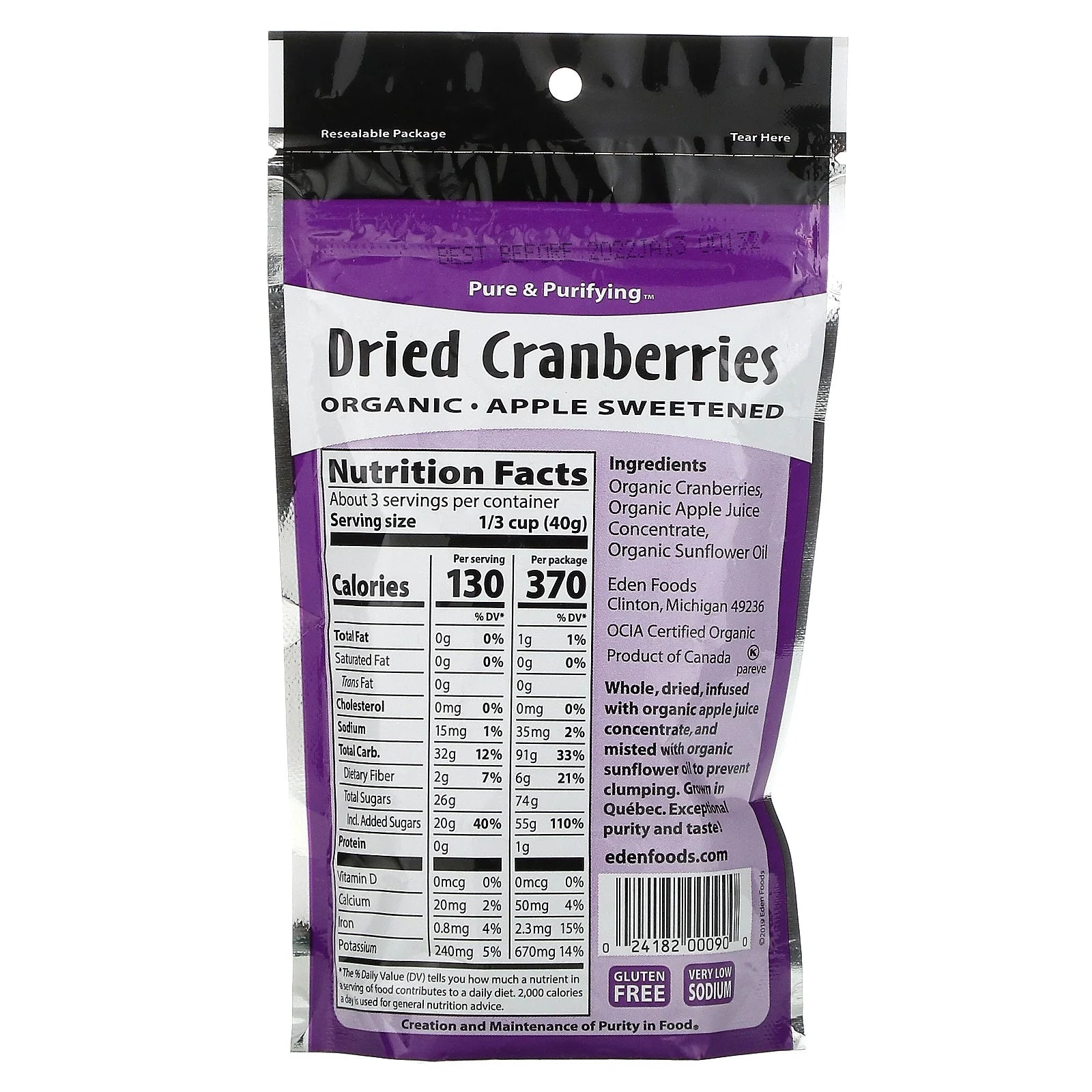 Eden Organic, Dried Cranberries Apple Sweetened, 4.0 Oz