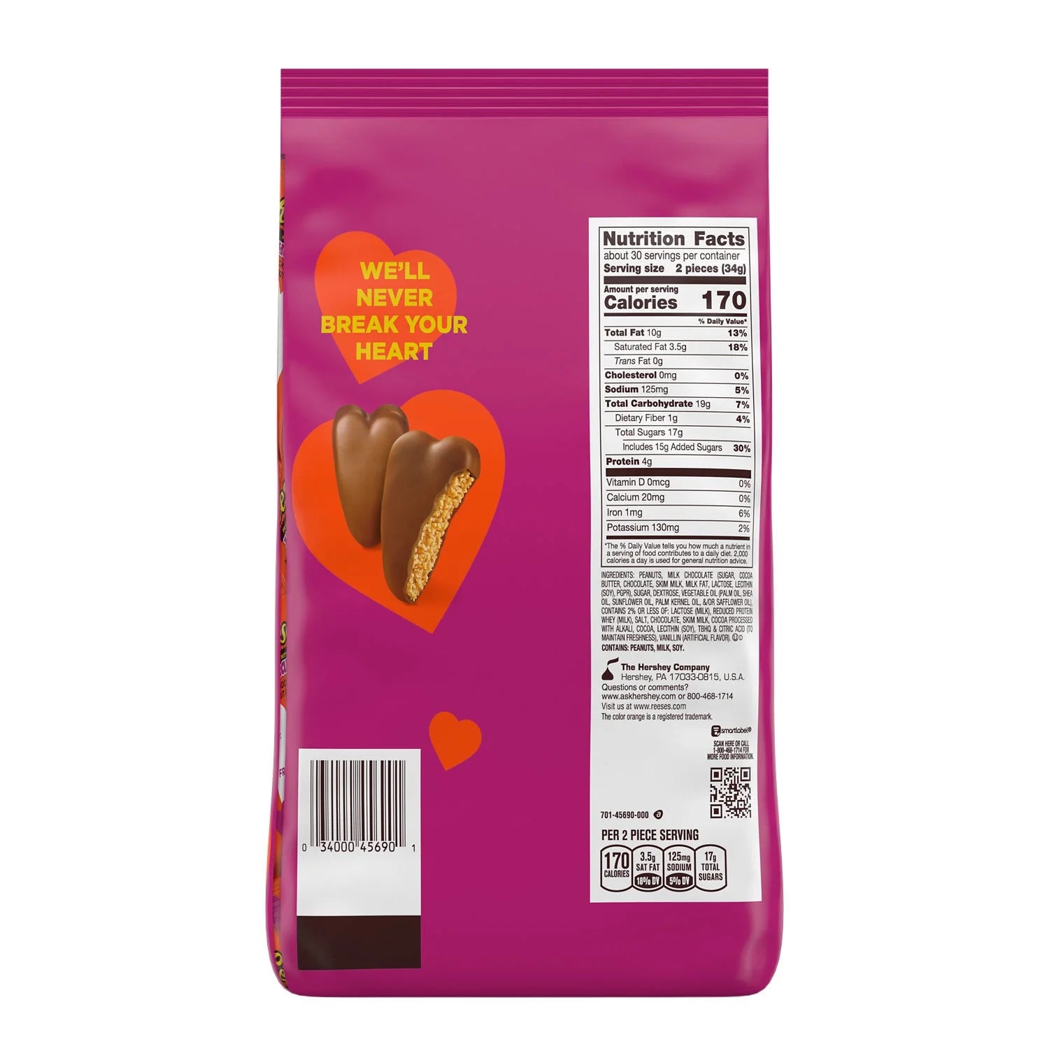 REESE'S Milk Chocolate Snack Size Peanut Butter Hearts, Valentine's Candy Bag, 36 oz (60 Pieces)