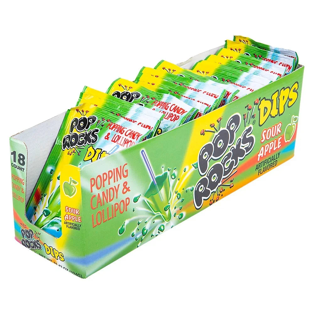 Pop Rocks Dips, Popping Candy & Lollipop, Sour Apple Flavor - 18 Count Display Box