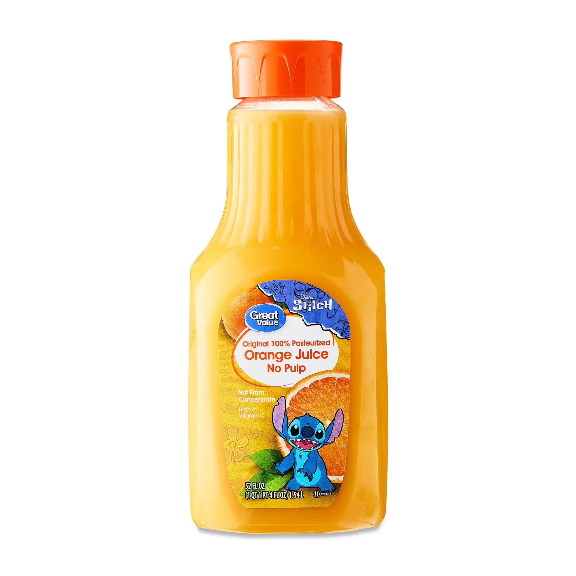 Great Value 100% Pasteurized Orange Juice, No Pulp, Featuring Stitch, 52 fl oz