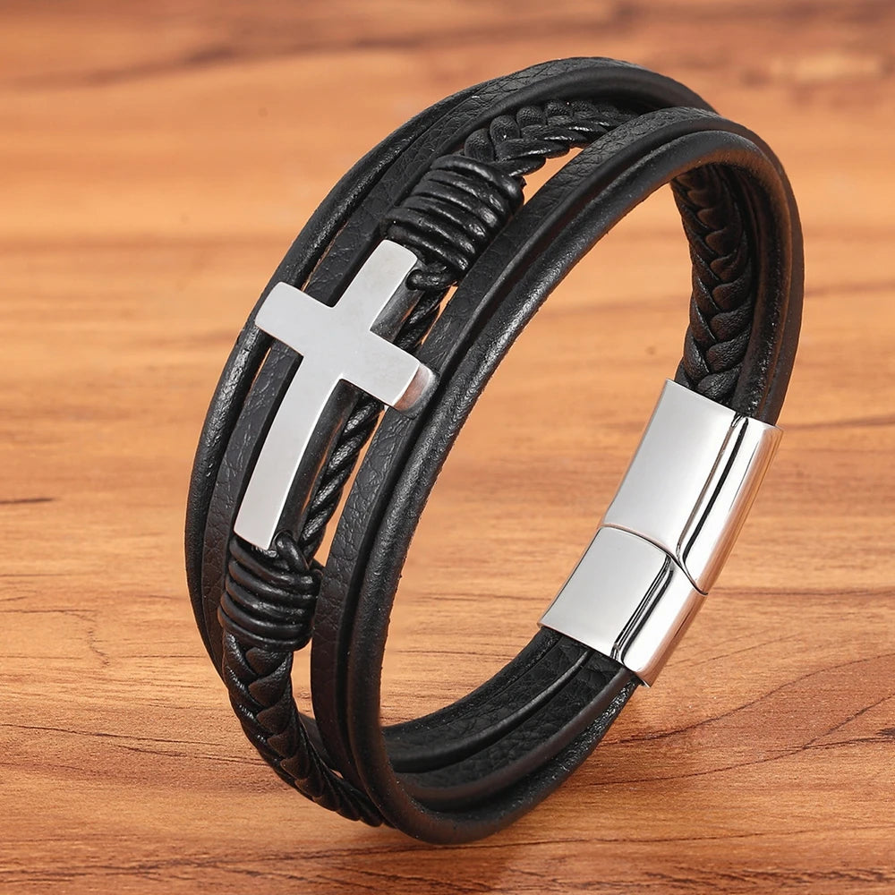 Men’s Classic Cross Leather Bracelet - Jeglowstore