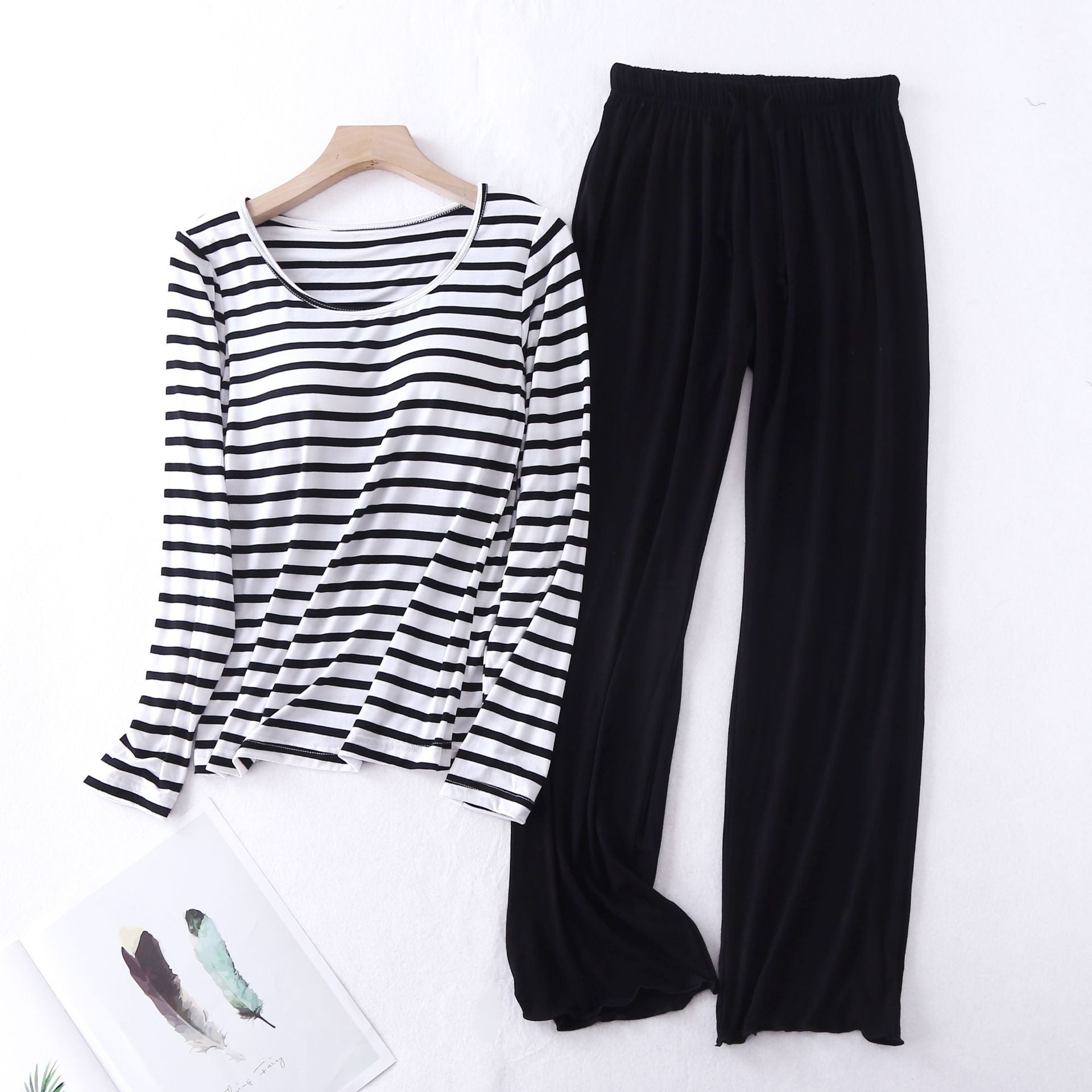 Fdfklak Casual Loose Pajamas for Women Long Sleeve Autumn Winter Pijamas Womens Sleepwear Bra pad Stripe Ladies Set Pyjama Femme