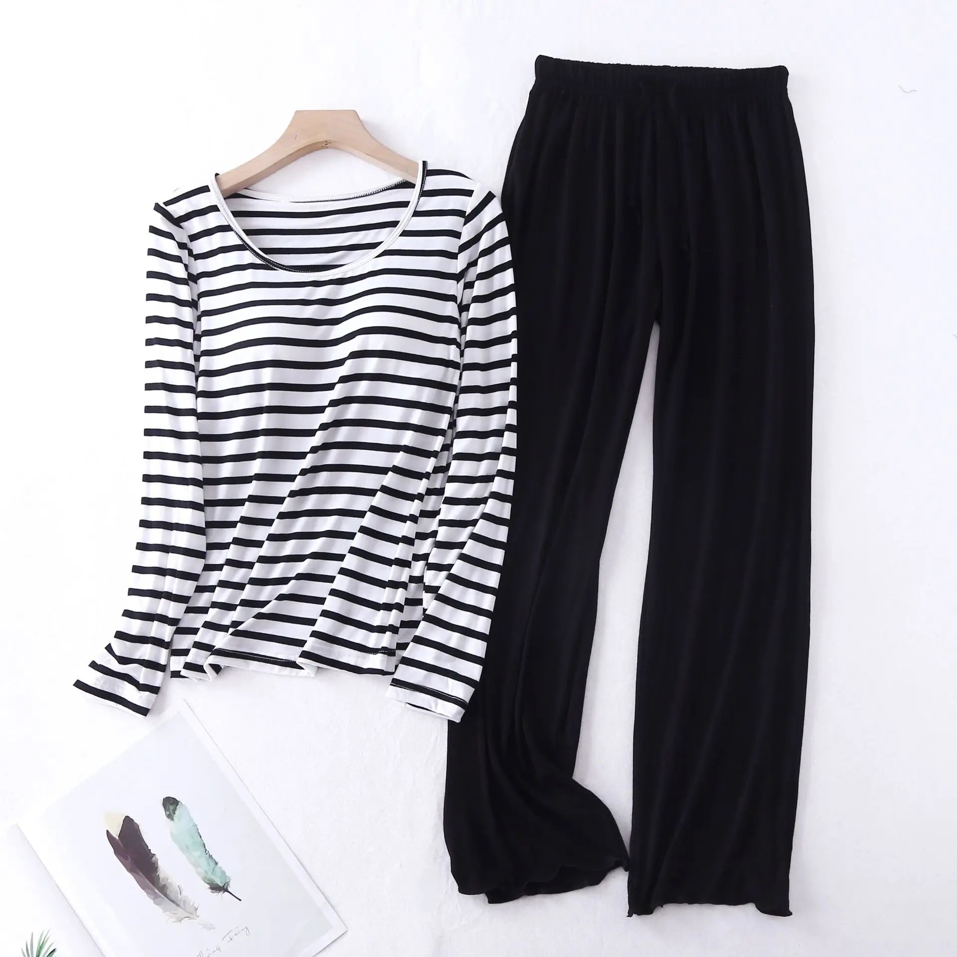 Fdfklak Casual Loose Pajamas for Women Long Sleeve Autumn Winter Pijamas Womens Sleepwear Bra pad Stripe Ladies Set Pyjama Femme