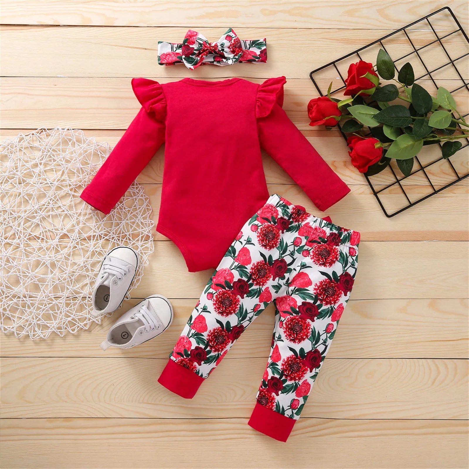 3pcs Newborn Baby Clothes Girls Cotton Ruffle Letter Romper +Pants +Hairband Set Infant Baby Outfit Fall Girl Clothing 3 6 9 12M