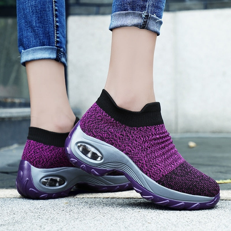 Women Walking Shoes Running Mesh Shoes Fashion Platform Slip-On Sneaker Air Cushion Gym Modern Dance Shoes Men