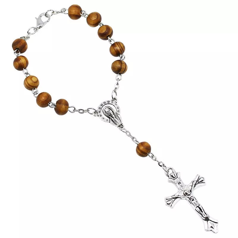 Vintage Christian Catholic Rosary Bracelet Wooden Beads Jesus Cross Pendant Bracelets For Women Men Religious Jewelry