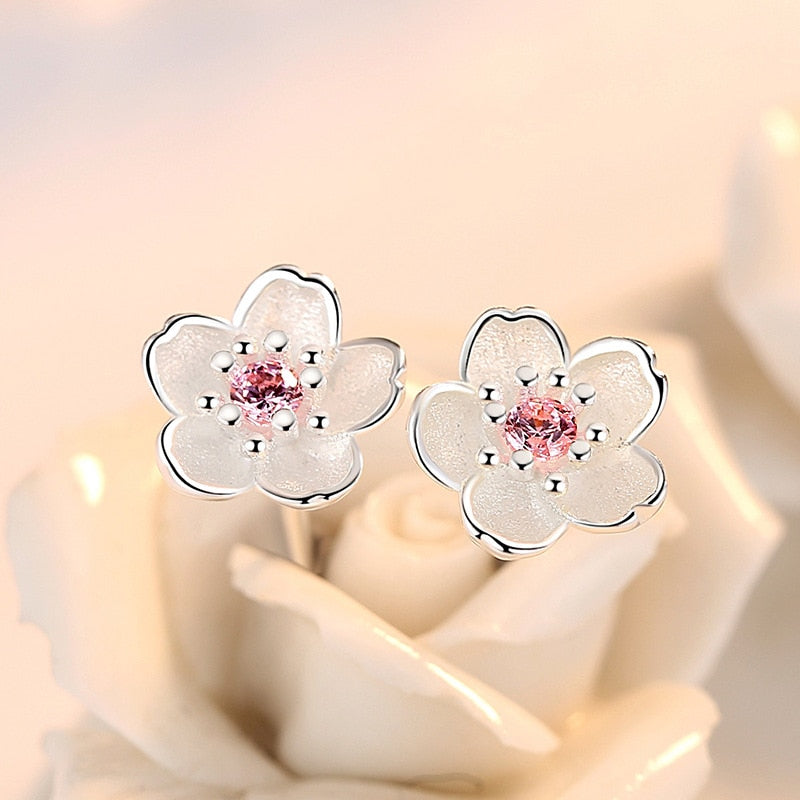 Cherry Flower Blossoms Flower Crystal Stud Earrings Silver Color Ear Studs Women's Fine Jewelry Mother's day Birthday Gift