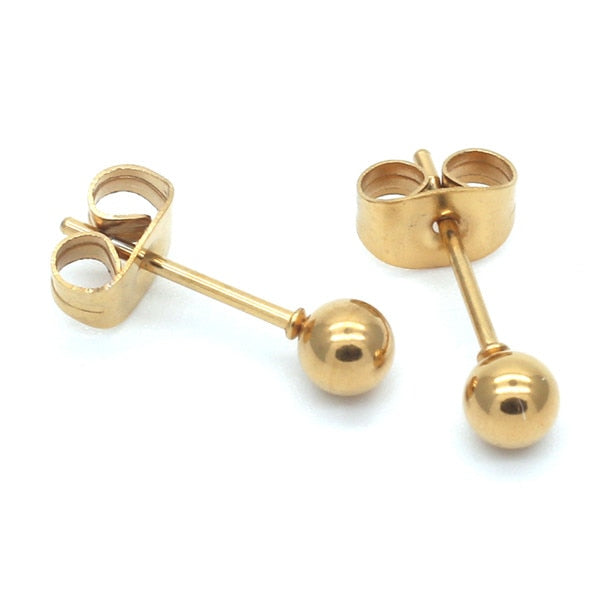 Gold -cololr Small Balls 2mm to 8mm Stud Earrings 316l Stainless Steel Earring IP Plating No Fade Allergy Free