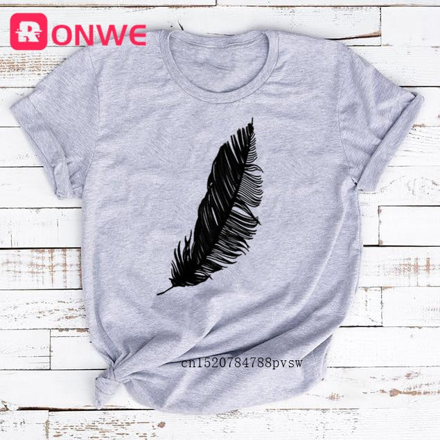 Casual Harajuku Fashion T-shirt Feather Print Loose O-neck Short Sleeve
