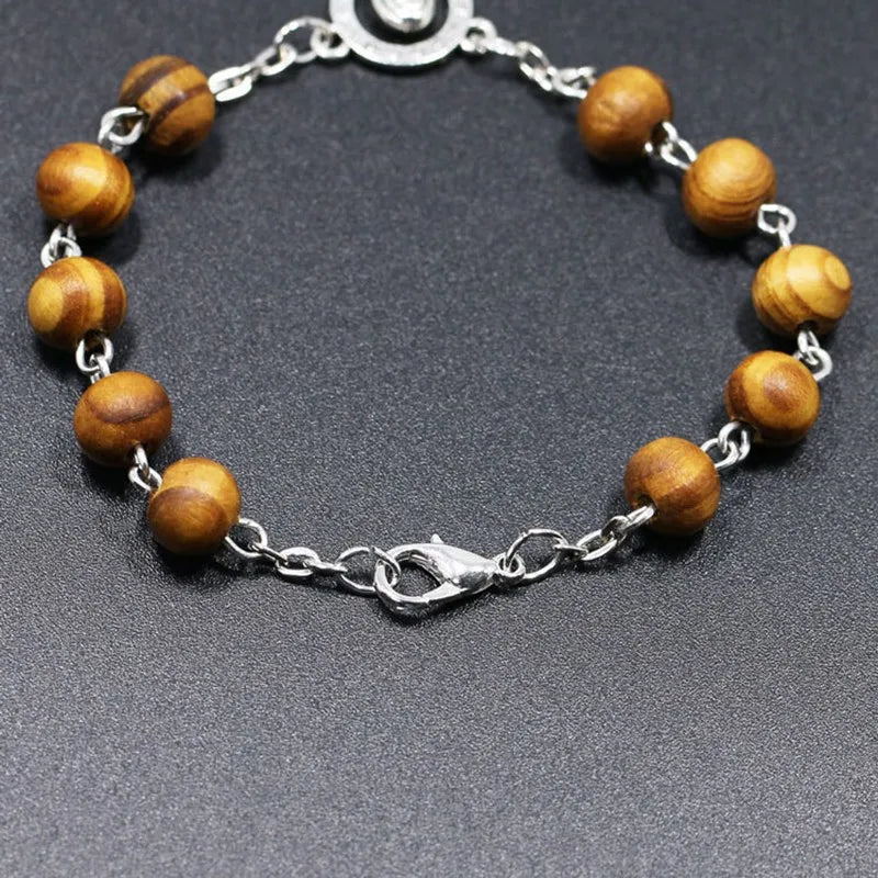 Vintage Christian Catholic Rosary Bracelet Wooden Beads Jesus Cross Pendant Bracelets For Women Men Religious Jewelry