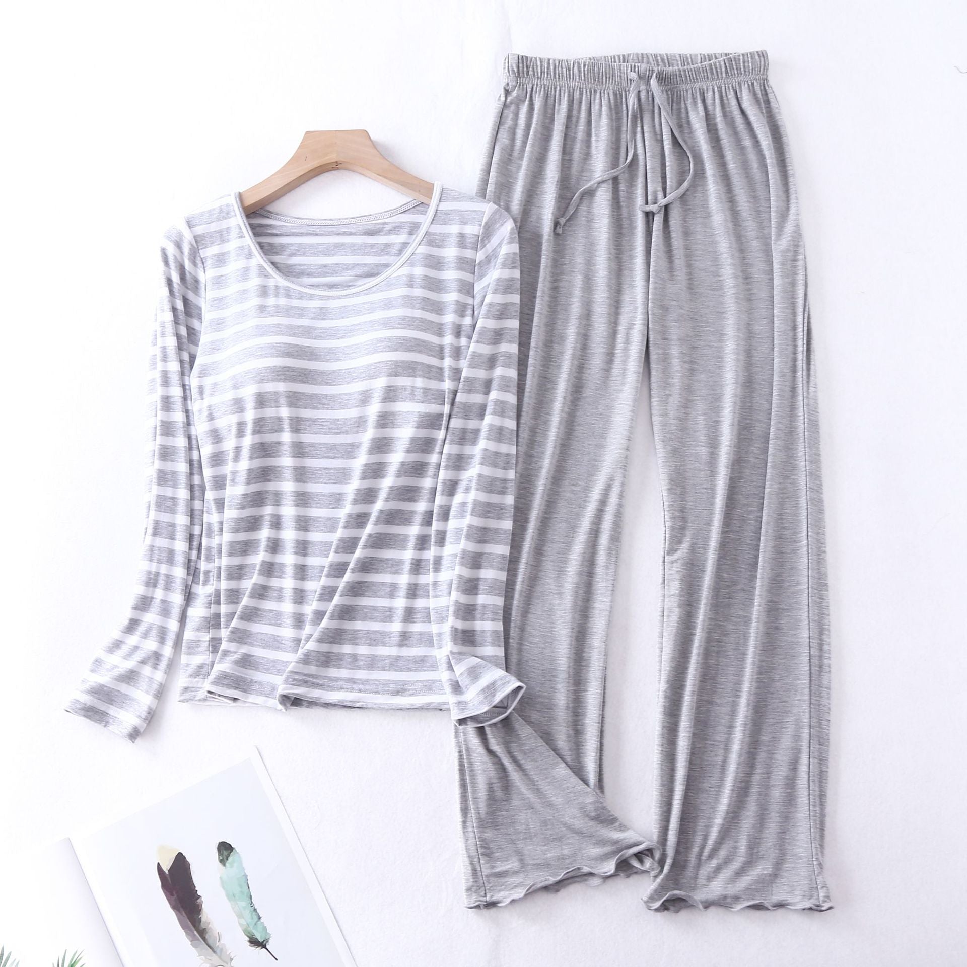 Fdfklak Casual Loose Pajamas for Women Long Sleeve Autumn Winter Pijamas Womens Sleepwear Bra pad Stripe Ladies Set Pyjama Femme