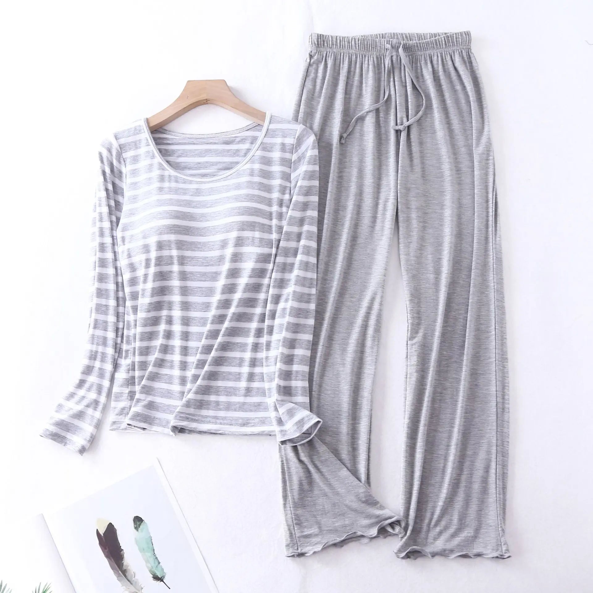 Fdfklak Casual Loose Pajamas for Women Long Sleeve Autumn Winter Pijamas Womens Sleepwear Bra pad Stripe Ladies Set Pyjama Femme