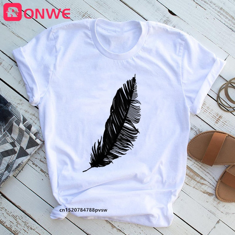 Casual Harajuku Fashion T-shirt Feather Print Loose O-neck Short Sleeve