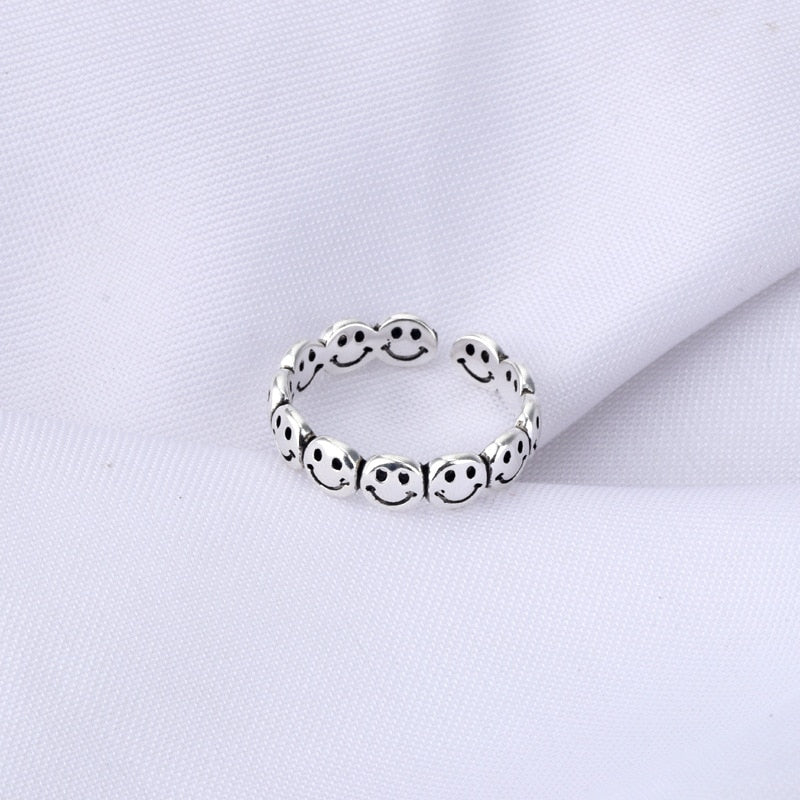 Hot Sell Multiple Happy Smiley Faces Open Rings For Women Cute Circle Hollow Smile Ring Party Girl Adjustable Punk Jewelry A908