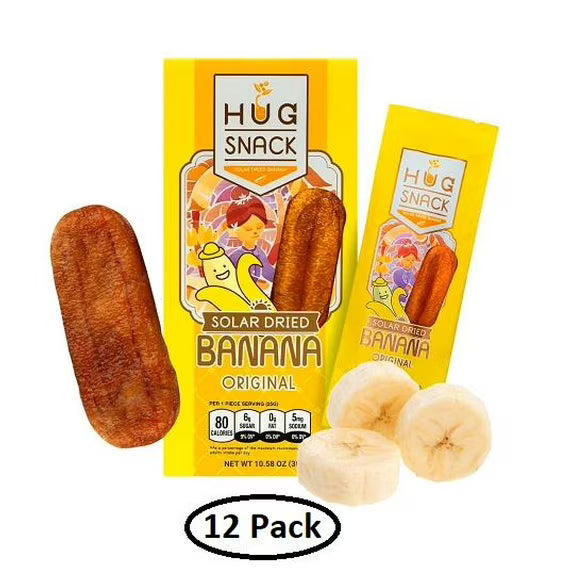 Hug Snack Natural Sun-Dried Banana, Naturally Sweet, Chewy Texture, Healthy Fruit Snacks, Made from Whole Banana (Pack of 12)