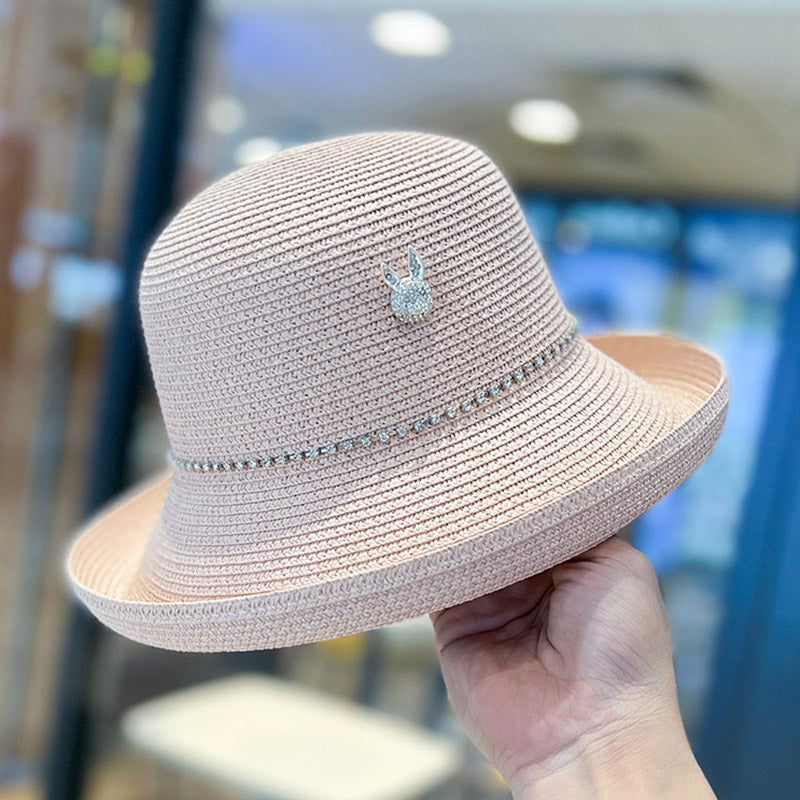2023 Summer Elegance Fashionable Curled Brim Top Hat Women's Rhinestone Rabbit French Style Sun-Proof Trendy Straw Hat