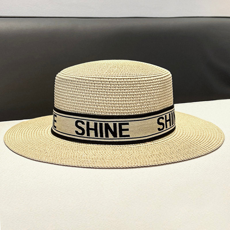 Korean Style Instagram Style Internet Celebrity Letters Flat Top Straw Woven Top Hat Women's Spring Summer Outing Sun Protection Sun-Shade All-Match Trendy Straw Hat