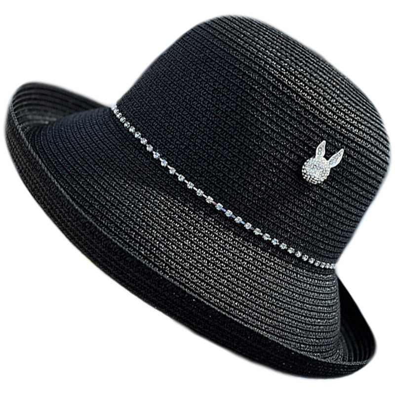 2023 Summer Elegance Fashionable Curled Brim Top Hat Women's Rhinestone Rabbit French Style Sun-Proof Trendy Straw Hat