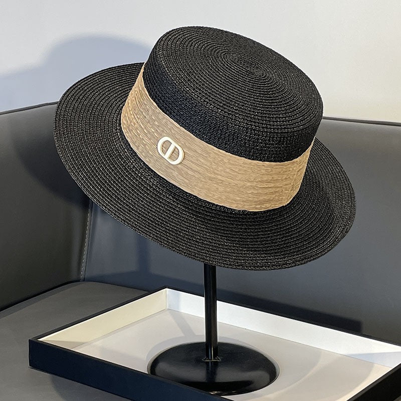Korean Style Instagram Style Internet Celebrity Letters Flat Top Straw Woven Top Hat Women's Spring Summer Outing Sun Protection Sun-Shade All-Match Trendy Straw Hat