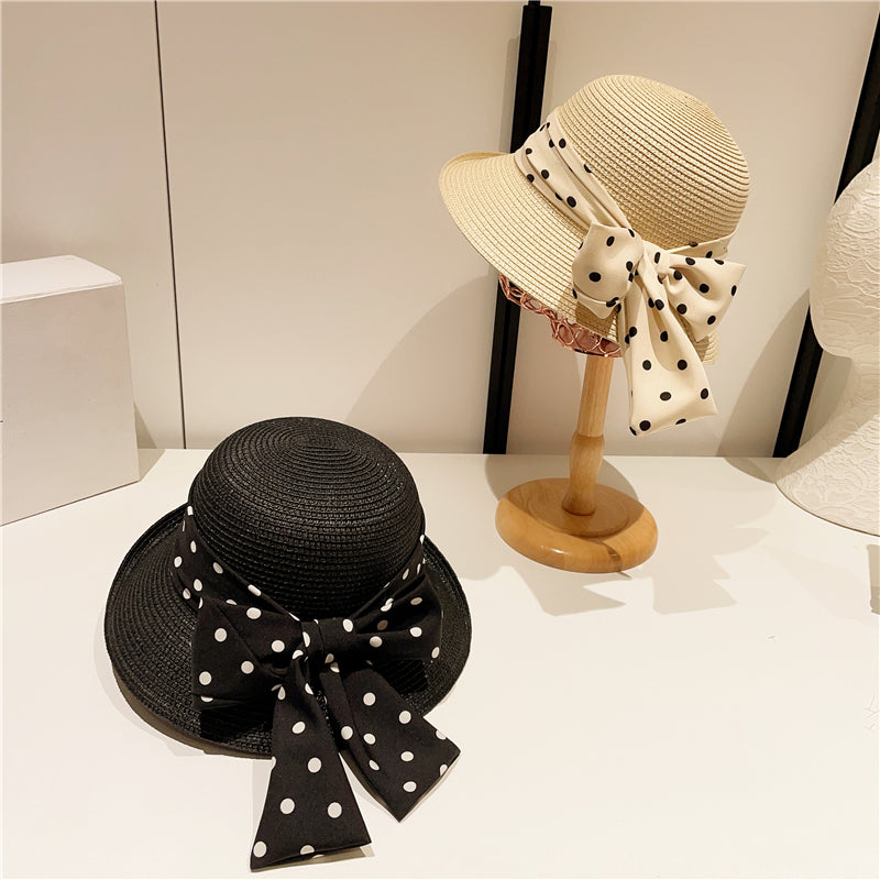 Japanese Style Polka Dot Bow Curled Brim round Crown Straw Hat Bucket Hat Elegant Seaside Beach Hat Sunshade Sun Protection Hat for Women