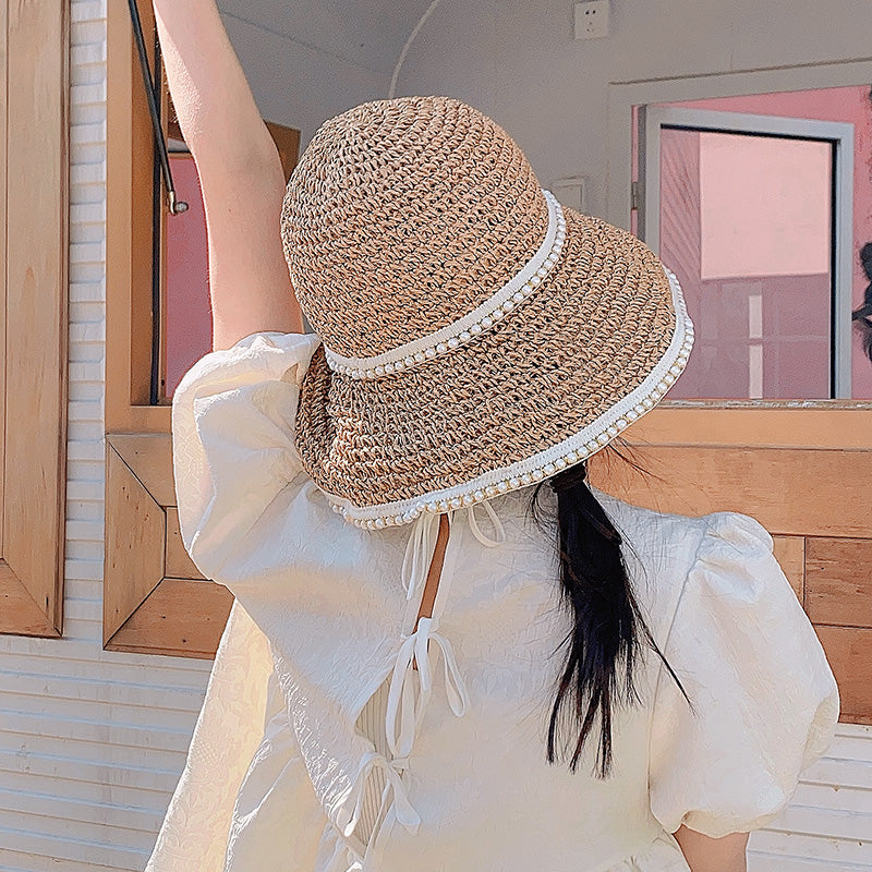 Straw Hat Ins Korean Style Lace-up Cutout Straw Hat Women's Summer Travel Sun-Proof Beach Sun Hat Pearl Edge Sun Hat