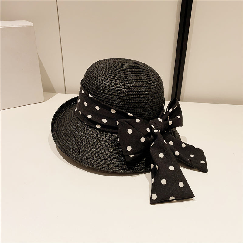 Japanese Style Polka Dot Bow Curled Brim round Crown Straw Hat Bucket Hat Elegant Seaside Beach Hat Sunshade Sun Protection Hat for Women