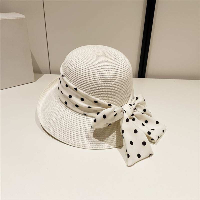 Japanese Style Polka Dot Bow Curled Brim round Crown Straw Hat Bucket Hat Elegant Seaside Beach Hat Sunshade Sun Protection Hat for Women
