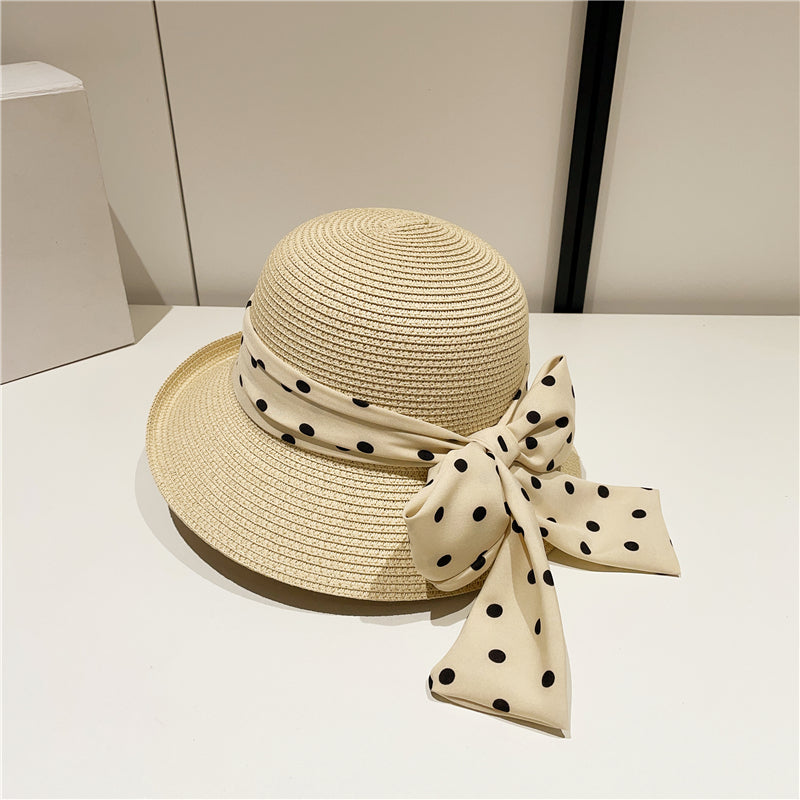 Japanese Style Polka Dot Bow Curled Brim round Crown Straw Hat Bucket Hat Elegant Seaside Beach Hat Sunshade Sun Protection Hat for Women