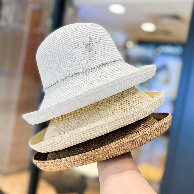 2023 Summer Elegance Fashionable Curled Brim Top Hat Women's Rhinestone Rabbit French Style Sun-Proof Trendy Straw Hat