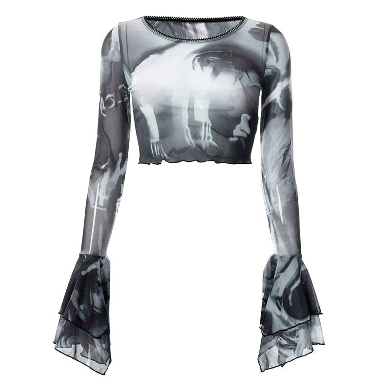 T-Shirt2023 Autumn Europe Beauty Mesh Floral Print round Neck Pullover Horn Long Sleeve See-through Crop Top Casual Top