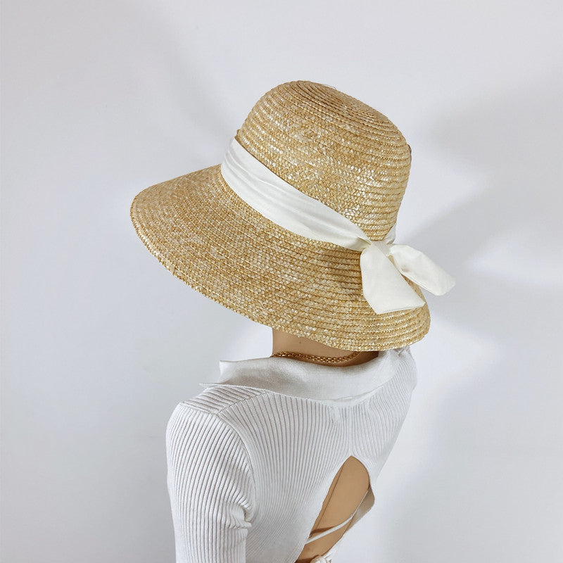 Hepburn Retro Style Dome Wheat-Straw Hat Big Brim Straw Woven Bucket Hat Women's Summer Outdoor Sun Protection Sunshade Hat