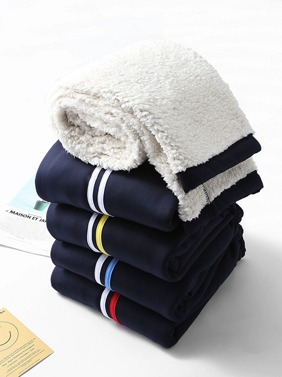 Gray Reflective Stripe School Uniform Pants Parallel Bars Fleece-lined Thickened Single Stripe Two Horizontal Strips Winter Lambskin Student School Pants