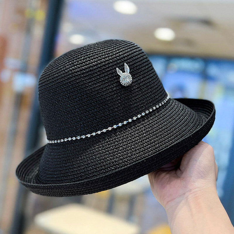 2023 Summer Elegance Fashionable Curled Brim Top Hat Women's Rhinestone Rabbit French Style Sun-Proof Trendy Straw Hat