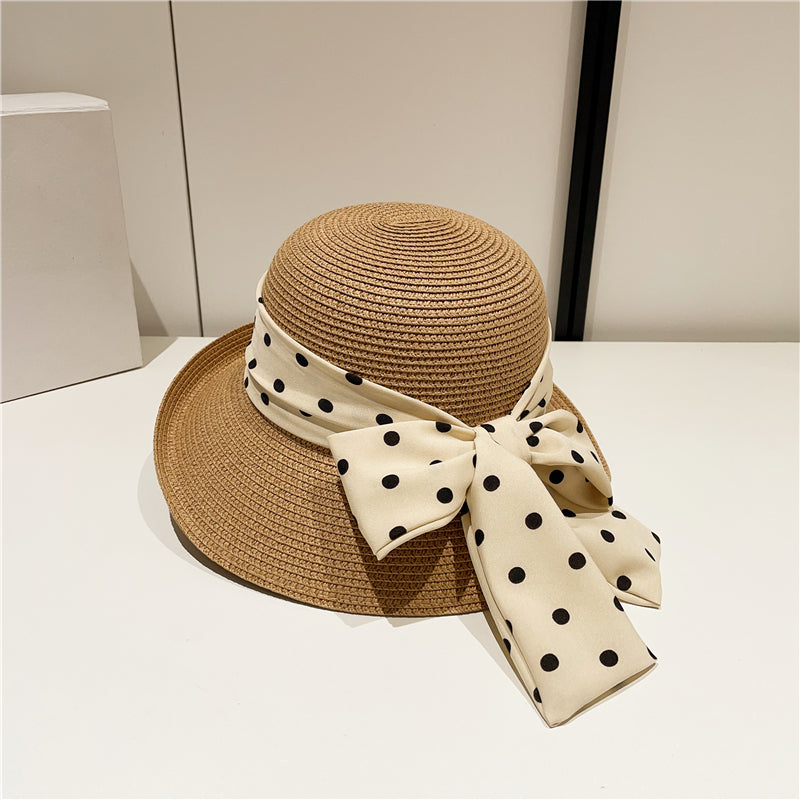 Japanese Style Polka Dot Bow Curled Brim round Crown Straw Hat Bucket Hat Elegant Seaside Beach Hat Sunshade Sun Protection Hat for Women