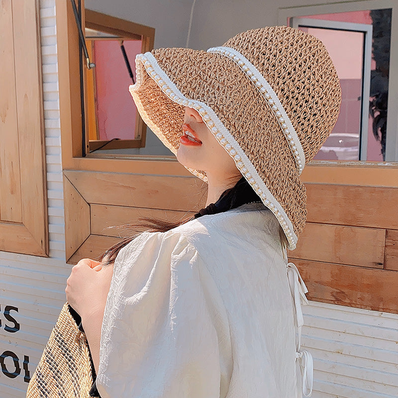 Straw Hat Ins Korean Style Lace-up Cutout Straw Hat Women's Summer Travel Sun-Proof Beach Sun Hat Pearl Edge Sun Hat