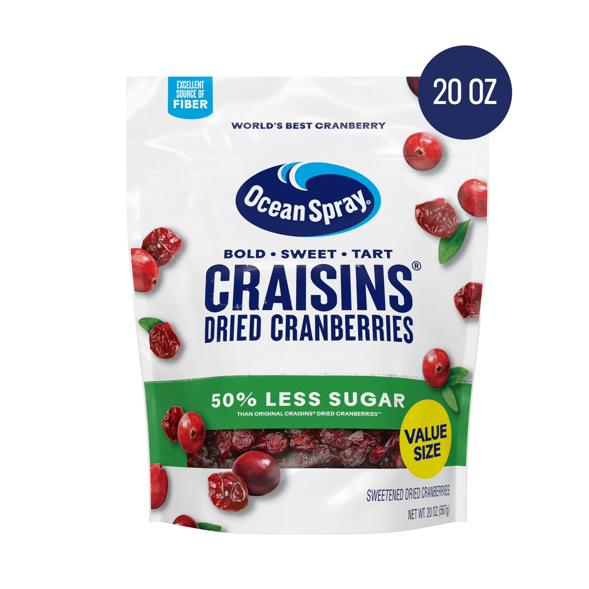 Ocean Spray® Craisins®, 50% Less Sugar Dried Cranberries, Dried Fruit, 20 oz Pouch