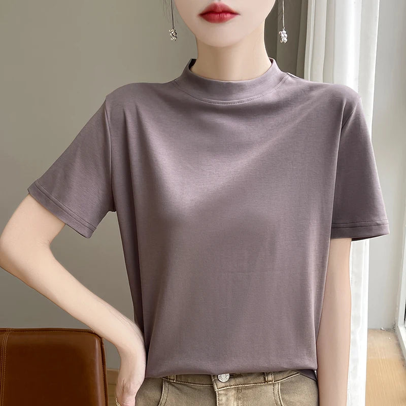 Women’s Semi-High Neck Cotton T-Shirt - Jeglowstore