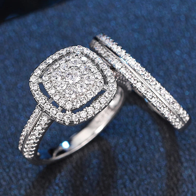 Huitan Fashion Cushion Shaped Cubic Zirconia 2Pcs Set Rings for Women Elegant Wedding Bridal Rings Bling Hot Jewelry Wholesale - Jeglowstore