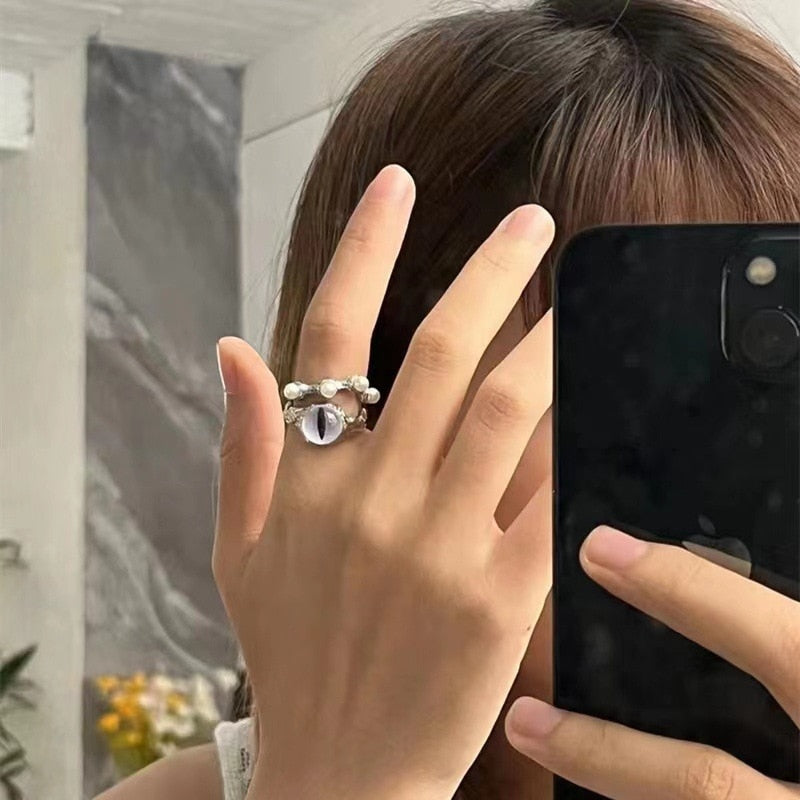 Punk eyes ring Cute Green Monster Ring For Women Fashion Sweet Two Color Cat Eyes Open Couple Ring party Finger Accessories