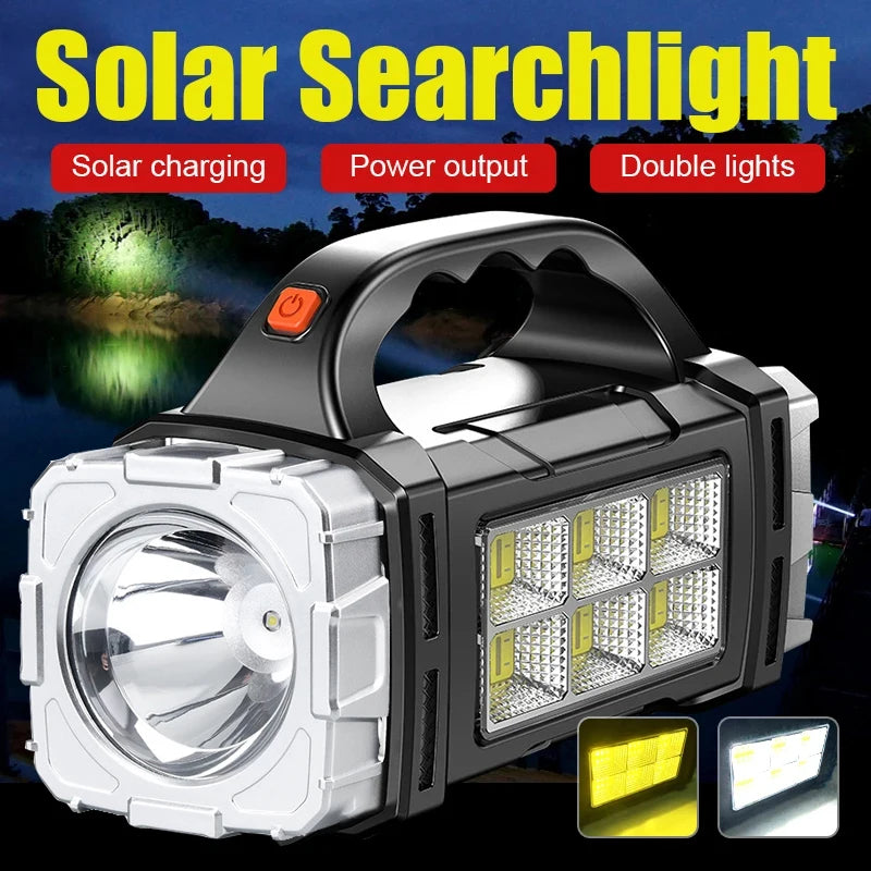 2024 Powerful LED Flashlight USB+Solar Rechargeable Flashlight COB Outdoor Camping Torch Portable Searchlight Power Bank Outdoor - Jeglowstore