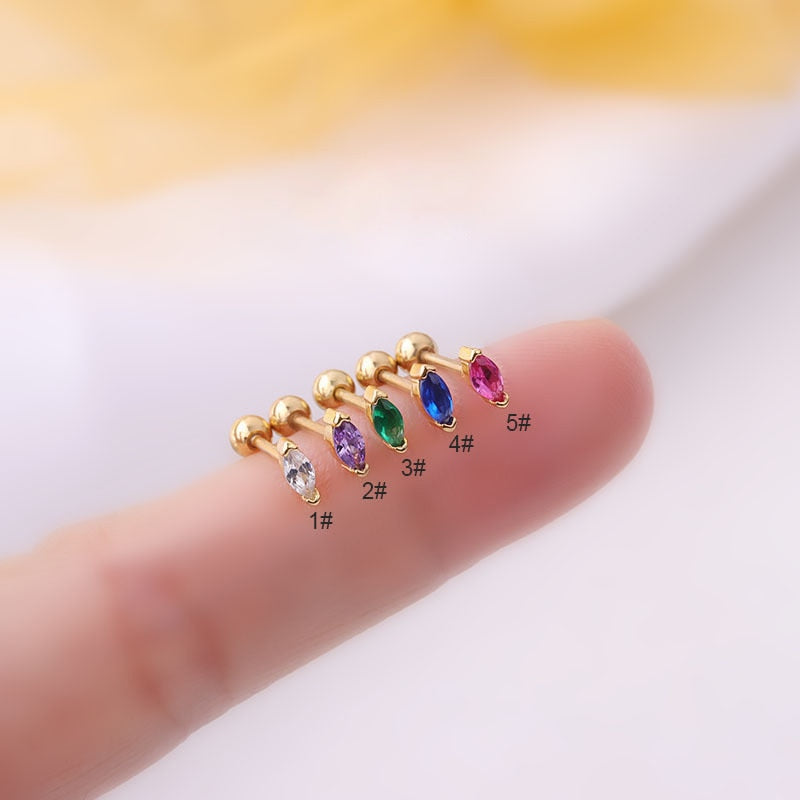 1PC Colorful Crystal Zircon Mini Stud Earrings for Women Safe Ear Cuff 20G Stainless Steel Cartilage Screw Back Piercing Jewelry