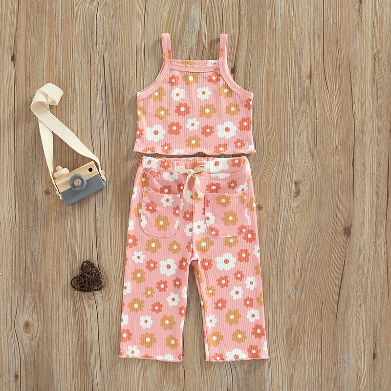 Lovely Children Summer Clothing Sets Ribbed Floral Print Sleeveless Tanks Tops+Elastic Waist Pocket Long Pants Casual Outfits