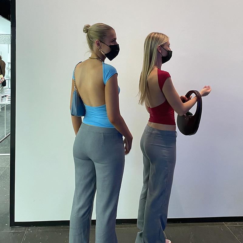 Solid Color Y2K Short Sleeve Open Back Women's Versatile Clothing 2022 Skinny Basic Summer Slim Fit Sexy T Shirt Crop Top