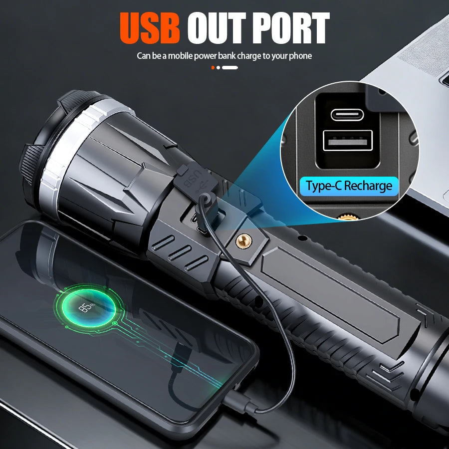 5000 MAH Powerful LED Flashlight Rechargeable Lamp Side Light Waterproof Handheld Torch Outdoor Camping Hiking