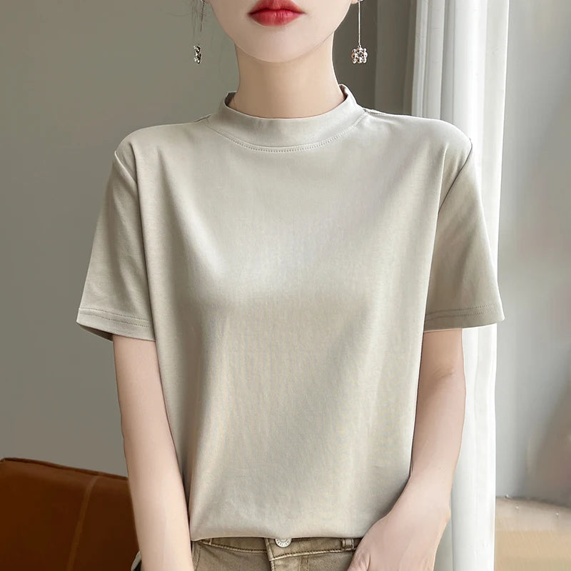 Women’s Semi-High Neck Cotton T-Shirt - Jeglowstore