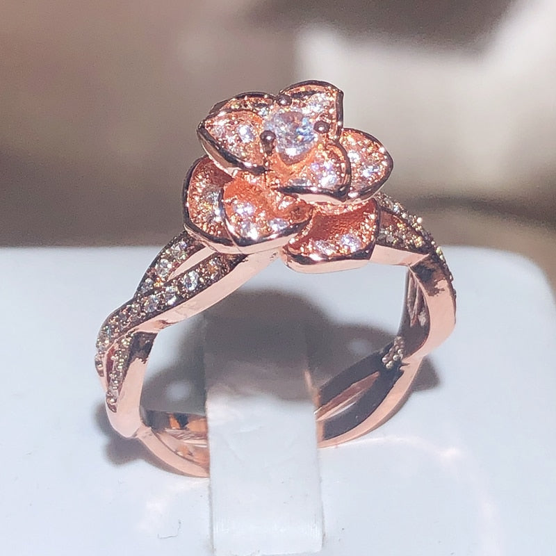 925 Sterling Silver InterTwined Three-Dimensional Rose Ring White Zircon Full Diamond Ring Ladies Temperament Elegant Jewelry - Jeglowstore